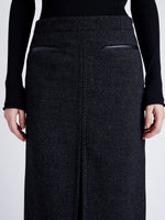 Proenza Schouler Detail image of model wearing Kingsley Skirt in Soft Twill Coating in BLACK/GREY