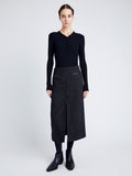 Proenza Schouler Front full length image of model wearing Kingsley Skirt in Soft Twill Coating in BLACK/GREY