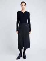 Proenza Schouler Front full length image of model wearing Kingsley Skirt in Soft Twill Coating in BLACK/GREY