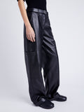 Proenza Schouler Side cropped image of model wearing Mason Pant in Lightweight Leather in BLACK