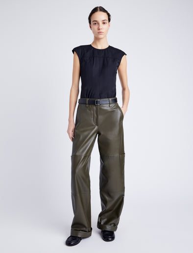 Proenza Schouler Front full length image of model wearing Mason Pant in Lightweight Leather in DARK FERN