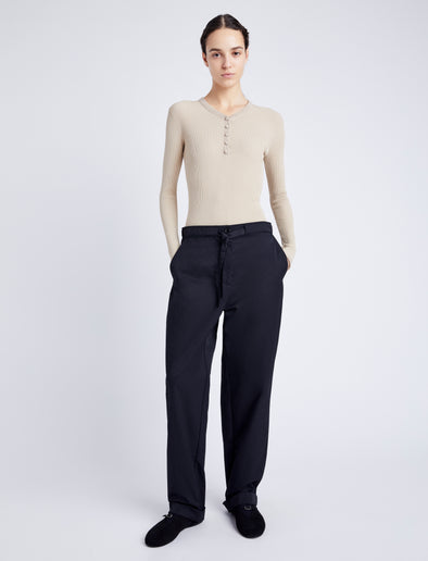 Proenza Schouler Front full length image of model wearing Preston Drawstring Pant in Tech Cotton in BLACK