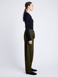 Proenza Schouler Side full length image of model wearing Preston Drawstring Pant in Tech Cotton in DARK FERN