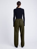 Proenza Schouler Back full length image of model wearing Preston Drawstring Pant in Tech Cotton in DARK FERN