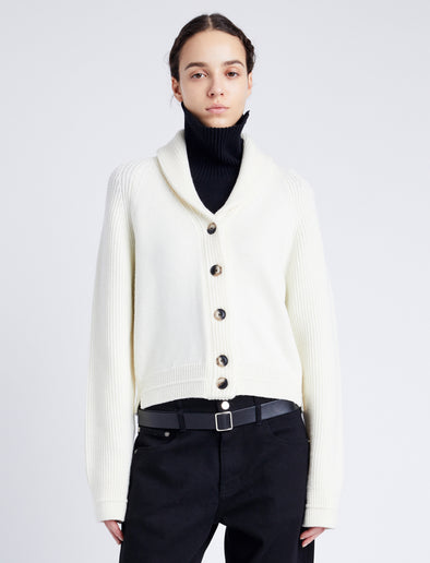 Proenza Schouler Front cropped image of model wearing Lou Knit Cardigan in Wool Blend in OFF WHITE