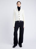 Proenza Schouler Front full length image of model wearing Lou Knit Cardigan in Wool Blend in OFF WHITE