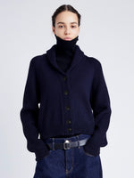 Proenza Schouler Front cropped image of model wearing Lou Knit Cardigan in Wool Blend in NAVY