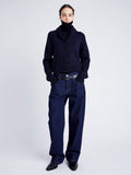 Proenza Schouler Front full length image of model wearing Lou Knit Cardigan in Wool Blend in NAVY