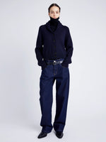 Proenza Schouler Front full length image of model wearing Lou Knit Cardigan in Wool Blend in NAVY