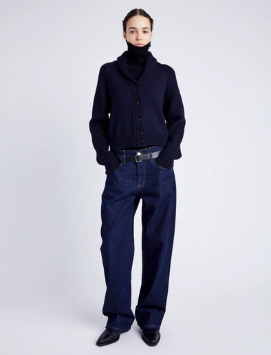 Proenza Schouler Front full length image of model wearing Lou Knit Cardigan in Wool Blend in NAVY