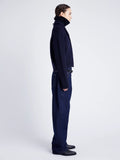 Proenza Schouler Side full length image of model wearing Lou Knit Cardigan in Wool Blend in NAVY