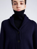 Proenza Schouler Detail image of model wearing Lou Knit Cardigan in Wool Blend in NAVY