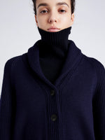 Proenza Schouler Detail image of model wearing Lou Knit Cardigan in Wool Blend in NAVY