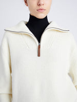 Proenza Schouler Detail image of model wearing Sienna Knit Sweater in Wool Blend in OFF WHITE