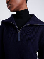 Proenza Schouler Detail image of model wearing Sienna Knit Sweater in Wool Blend in NAVY