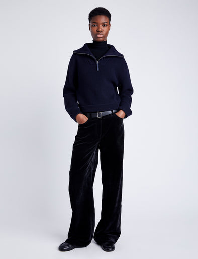 Proenza Schouler Front full length image of model wearing Sienna Knit Sweater in Wool Blend in NAVY with zip halfway down