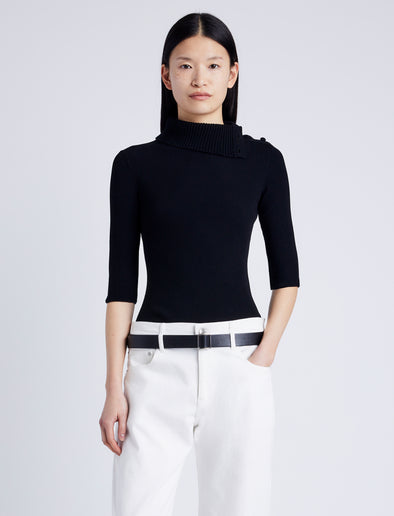 Proenza Schouler Front cropped image of model wearing Daxton Sweater in Viscose Rib in BLACK