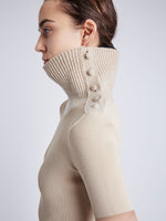 Proenza Schouler Detail image of model wearing Daxton Sweater in Viscose Rib in KHAKI