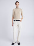 Proenza Schouler Front full length image of model wearing Daxton Sweater in Viscose Rib in KHAKI in high neck