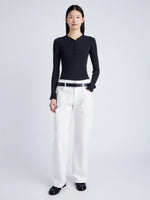 Proenza Schouler Front image of model wearing Isla Knit Henley in Ribbed Knits in black