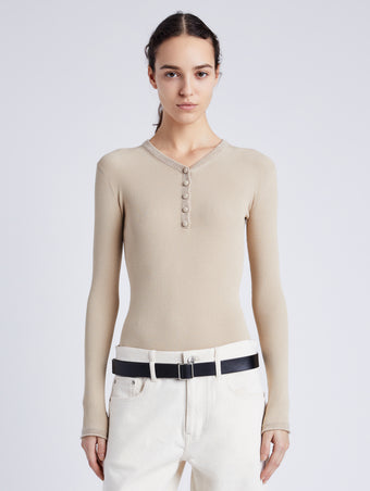 Proenza Schouler cropped front image of model wearingIsla Knit Henley in Ribbed Knits in KHAKI