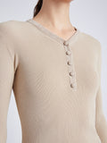 Proenza Schouler detail image of model wearingIsla Knit Henley in Ribbed Knits in KHAKI