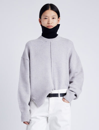 Proenza Schouler Cropped Front image of model wearing Kellen Sweater in Wool in LIGHT GREY