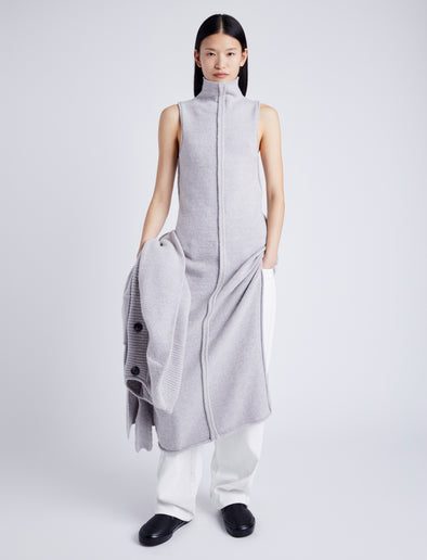 Proenza Schouler Front full length image of model wearing Zola Knit Dress in Wool Blend in LIGHT GREY