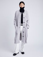 Proenza Schouler Front full length image of model wearing Lenora Knit Cardigan in Wool Blend in LIGHT GREY