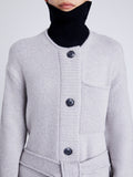 Proenza Schouler Detail image of model wearing Lenora Knit Cardigan in Wool Blend in LIGHT GREY