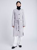 Proenza Schouler Front full length image of model wearing Lenora Knit Cardigan in Wool Blend in LIGHT GREY