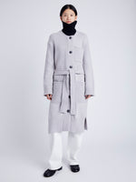 Proenza Schouler Front full length image of model wearing Lenora Knit Cardigan in Wool Blend in LIGHT GREY