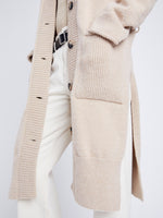 Proenza Schouler Detail image of model wearing Lenora Knit Cardigan in Wool Blend in BIRCH