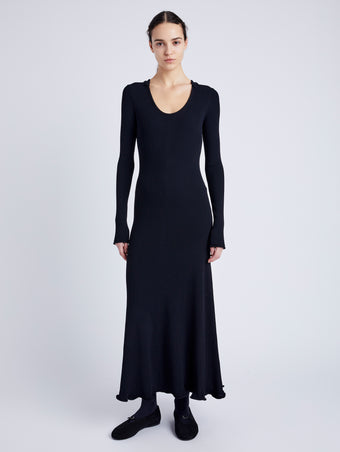 Proenza Schouler Front full length image of model wearing Elie Knit Dress in Viscose Rib in BLACK