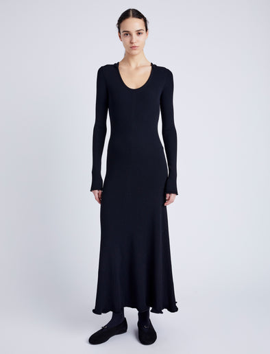 Proenza Schouler Front full length image of model wearing Elie Knit Dress in Viscose Rib in BLACK