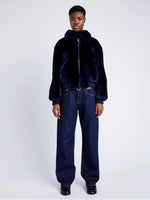 Proenza Schouler Front full length image of model wearing Anais Bomber in Shearling in INK zipped