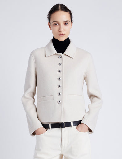 Proenza Schouler Front cropped image of model wearing Emilie Jacket in Double Face Wool in ENOKI