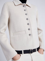 Proenza Schouler Detail image of model wearing Emilie Jacket in Double Face Wool in ENOKI