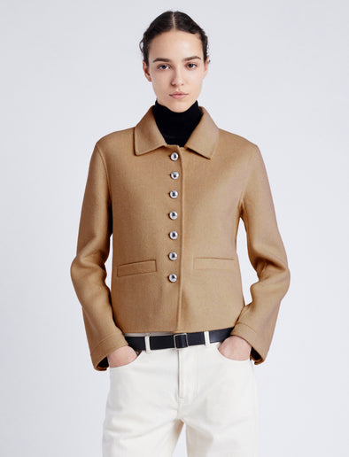 Proenza Schouler front cropped image of model wearing Emilie Jacket in Double Face Wool in CAMEL