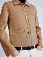 Proenza Schouler detail image of model wearing Emilie Jacket in Double Face Wool in CAMEL