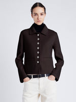 Proenza Schouler cropped front image of model wearing Emilie Jacket in Double Face Wool in HICKORY