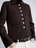 Proenza Schouler detail image of model wearing Emilie Jacket in Double Face Wool in HICKORY