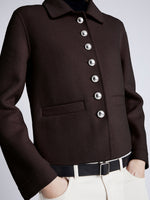 Proenza Schouler detail image of model wearing Emilie Jacket in Double Face Wool in HICKORY