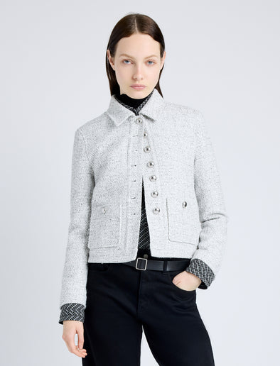 Proenza Schouler front cropped image of model wearing Marcella Jacket in Tweed in ALABASTER/BLACK