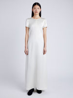 Proenza Schouler Front full length image of model wearing Delphine Dress in Satin in ENOKI