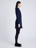 Proenza Schouler Side full length image of model wearing Apollo Knit Dress in Cloque in INK MELANGE