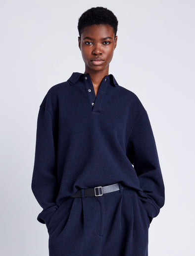 Proenza Schouler Front cropped image of model wearing Genevieve Knit Pullover in Cloque in INK MELANGE