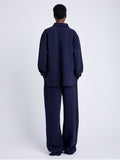 Proenza Schouler Back full length image of model wearing Genevieve Knit Pullover in Cloque in INK MELANGE