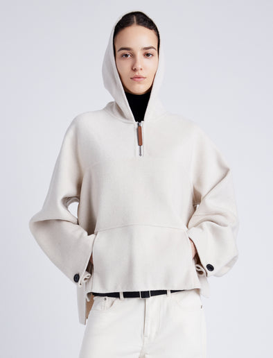 Proenza Schouler Front cropped image of model wearing Isaac Hoodie in Double Face Wool in ENOKI