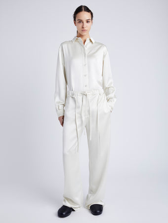 Proenza Schouler Front full length image of model wearing Magnus Pant in Satin in ENOKI